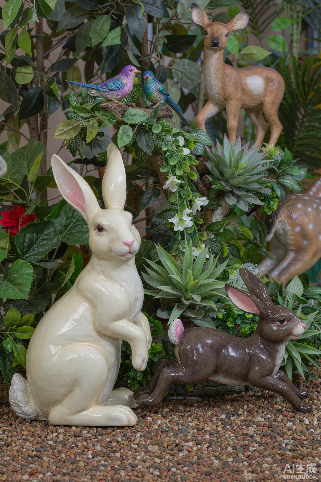 Lifelike decorative garden animal sculptures among artificial plants