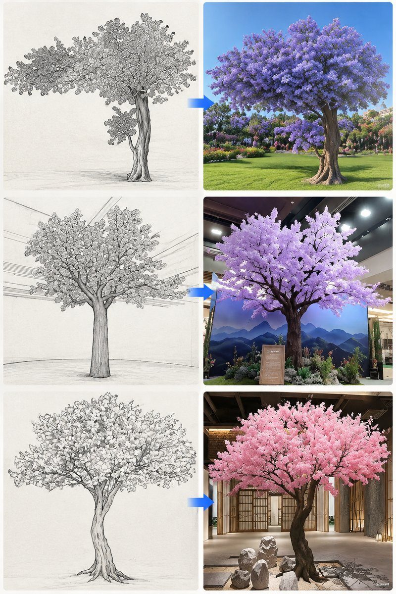 Three hand-drawn blossom tree concept sketches shown beside the finished artificial jacaranda and cherry blossom trees built from them