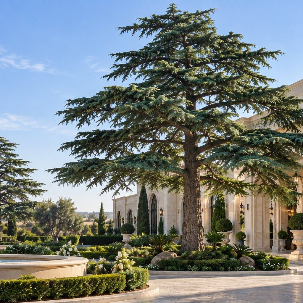 Bespoke 9-metre artificial conifer framing the arrival driveway of a private residence