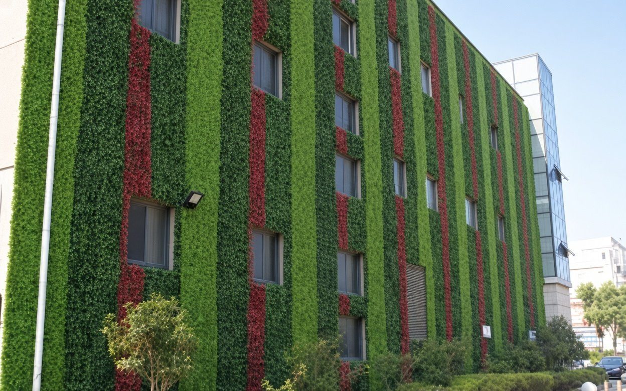 Multi-storey commercial facade clad in vertical strips of preserved green and burgundy foliage running between the windows