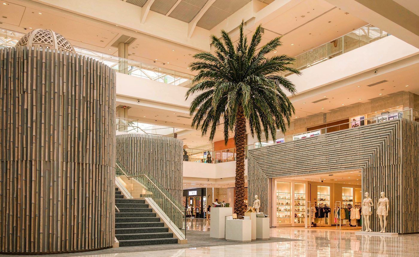 Grove of tall artificial king palms under the glazed roof of a shopping mall atrium