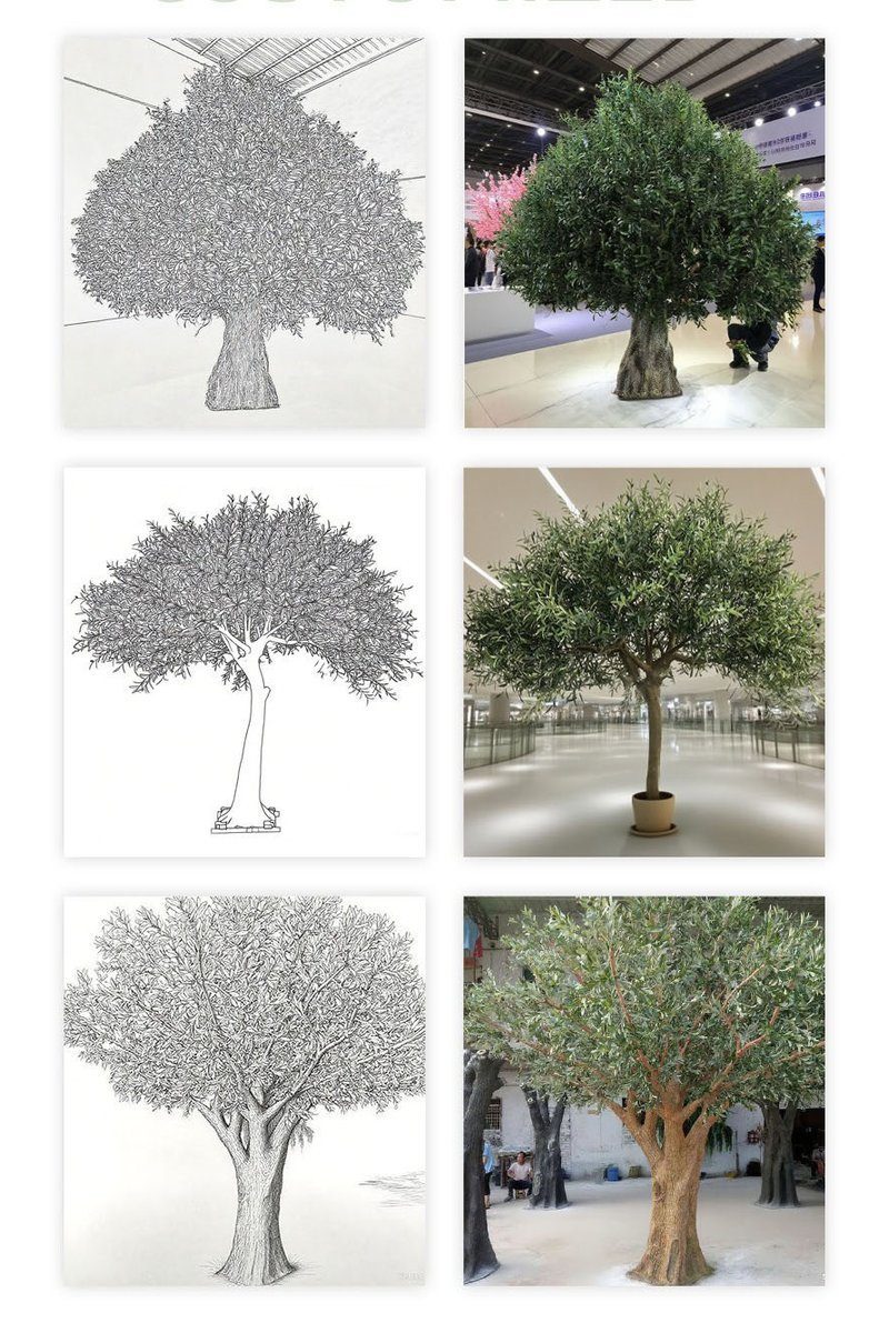 Three hand-drawn olive tree concept sketches shown beside the finished artificial olive trees built from them