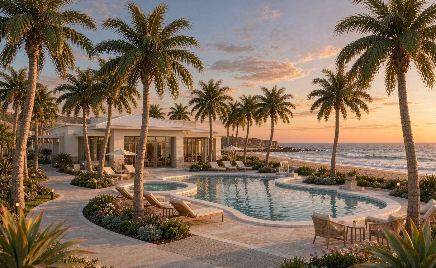 Artificial palms along the pool terrace of a beachfront resort at sunset