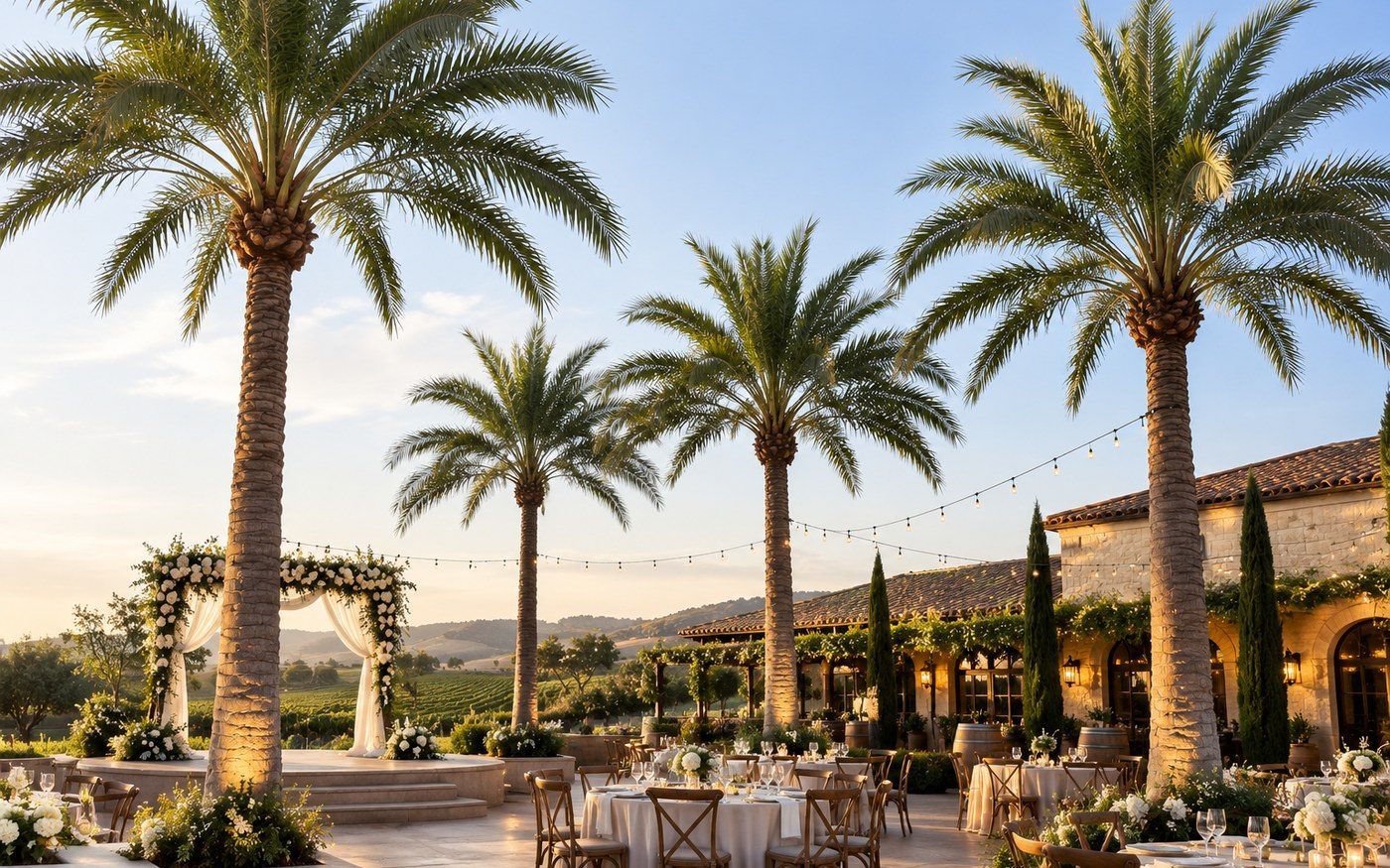 Outdoor UV-resistant artificial palms lining a resort terrace and banquet area at dusk