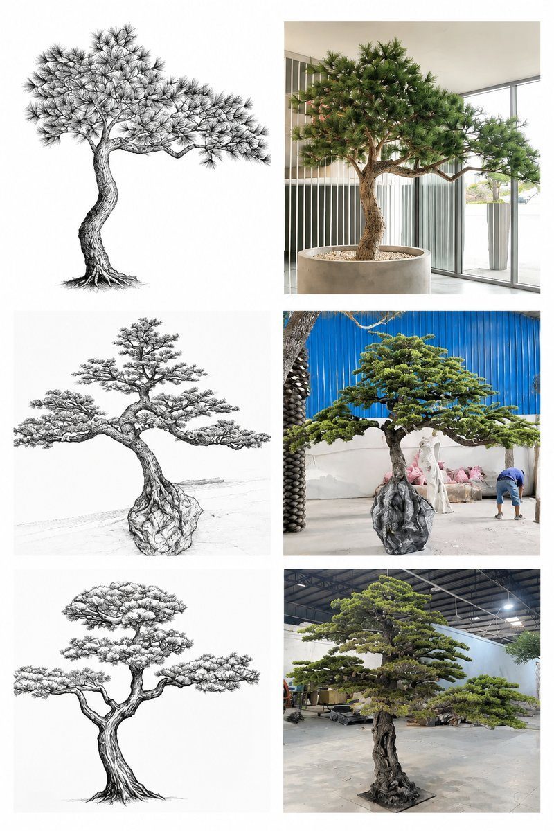 Three hand-drawn pine tree concept sketches shown beside the finished lifelike artificial pine trees built from them