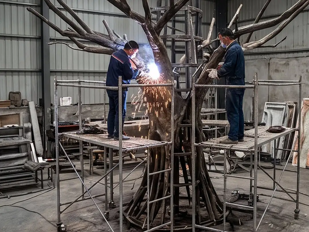 Welded galvanised steel core section before bark carving