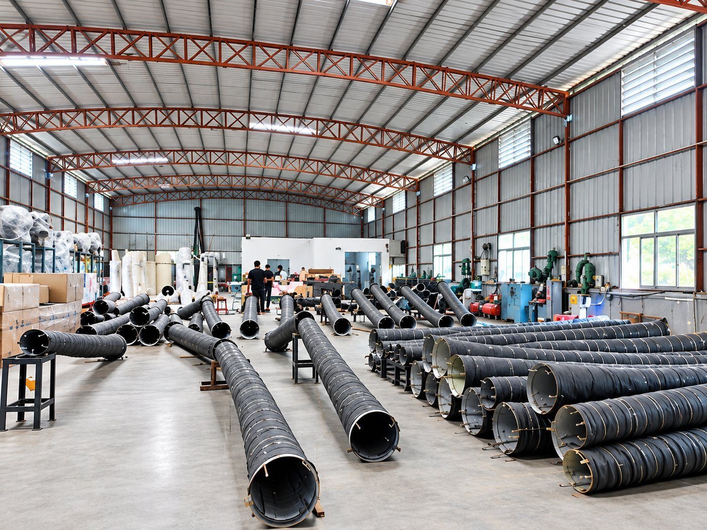 Artificial tree production workshop with palm trees under assembly