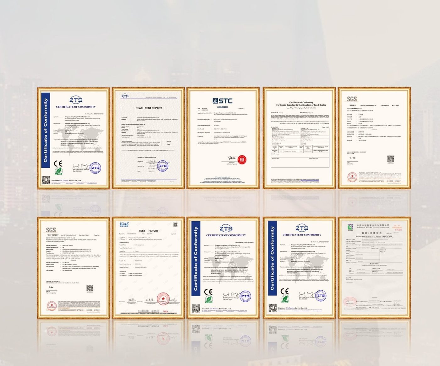 Certificates and test reports for artificial tree materials laid out for review