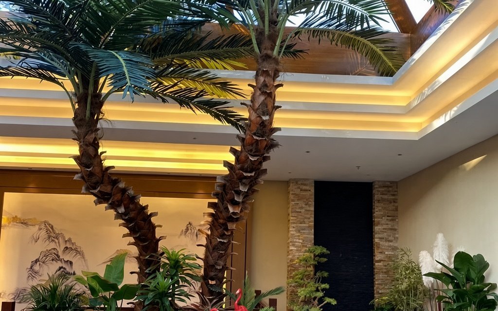 palm tree installed in shopping mall atrium