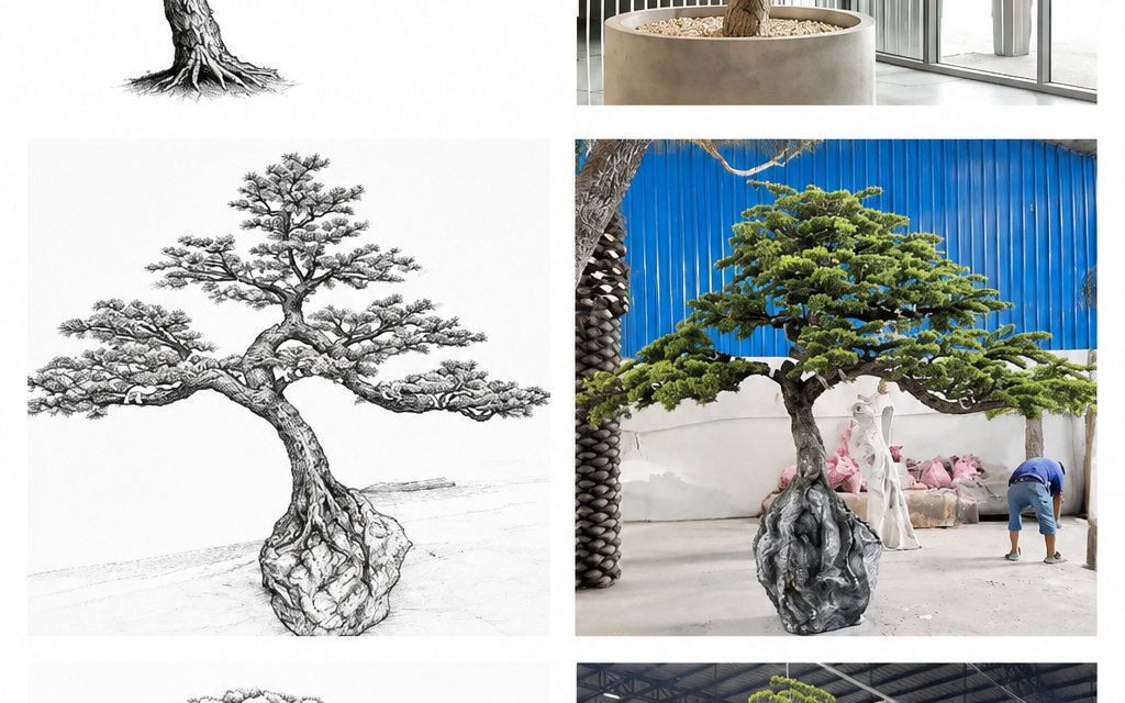 Approved design drawing of a tree beside its finished build