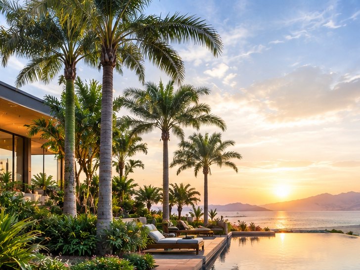Large artificial date palms installed along a seaside resort poolscape in the Gulf, demonstrating finished spatial scale