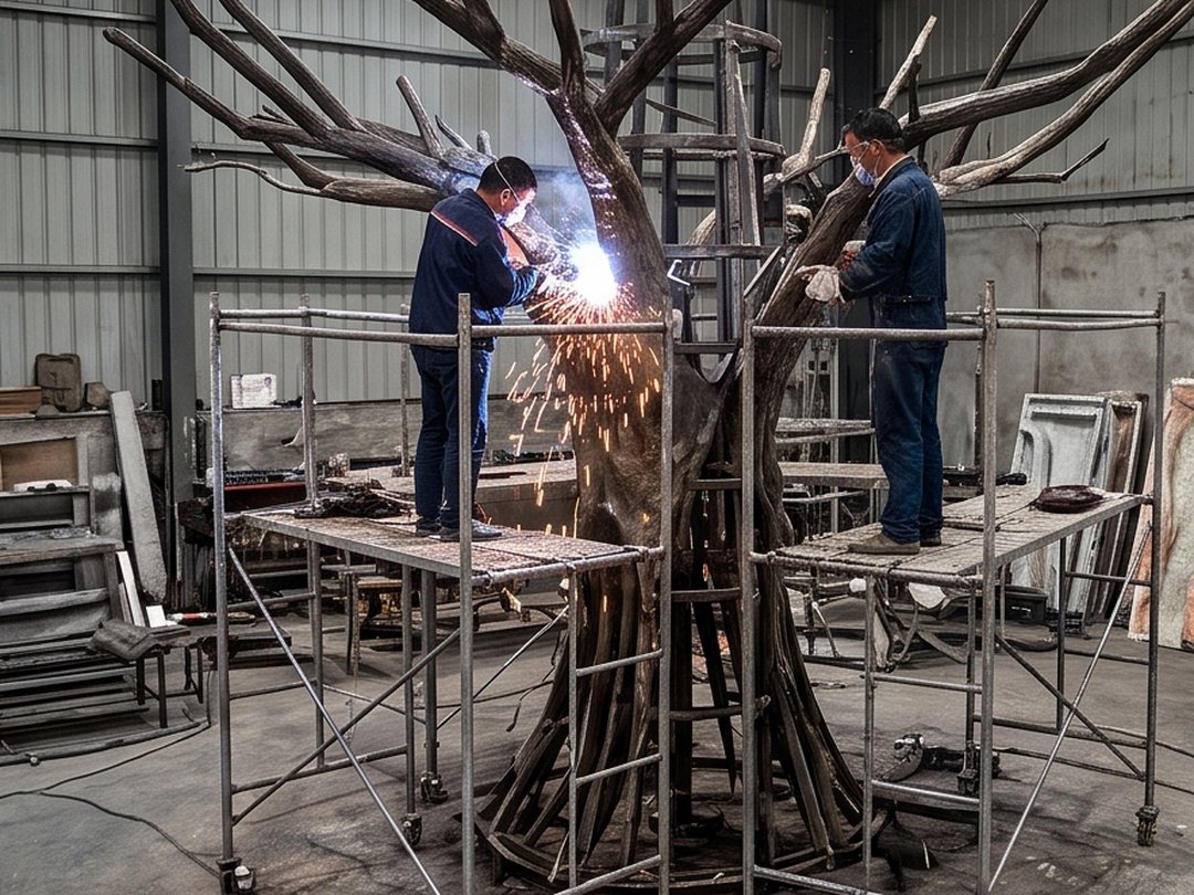 Factory welding of the galvanized steel armature and trunk core that carries the canopy load