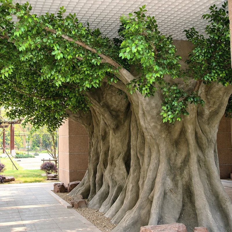 Giant artificial banyan tree under a stone portico at a grand entrance