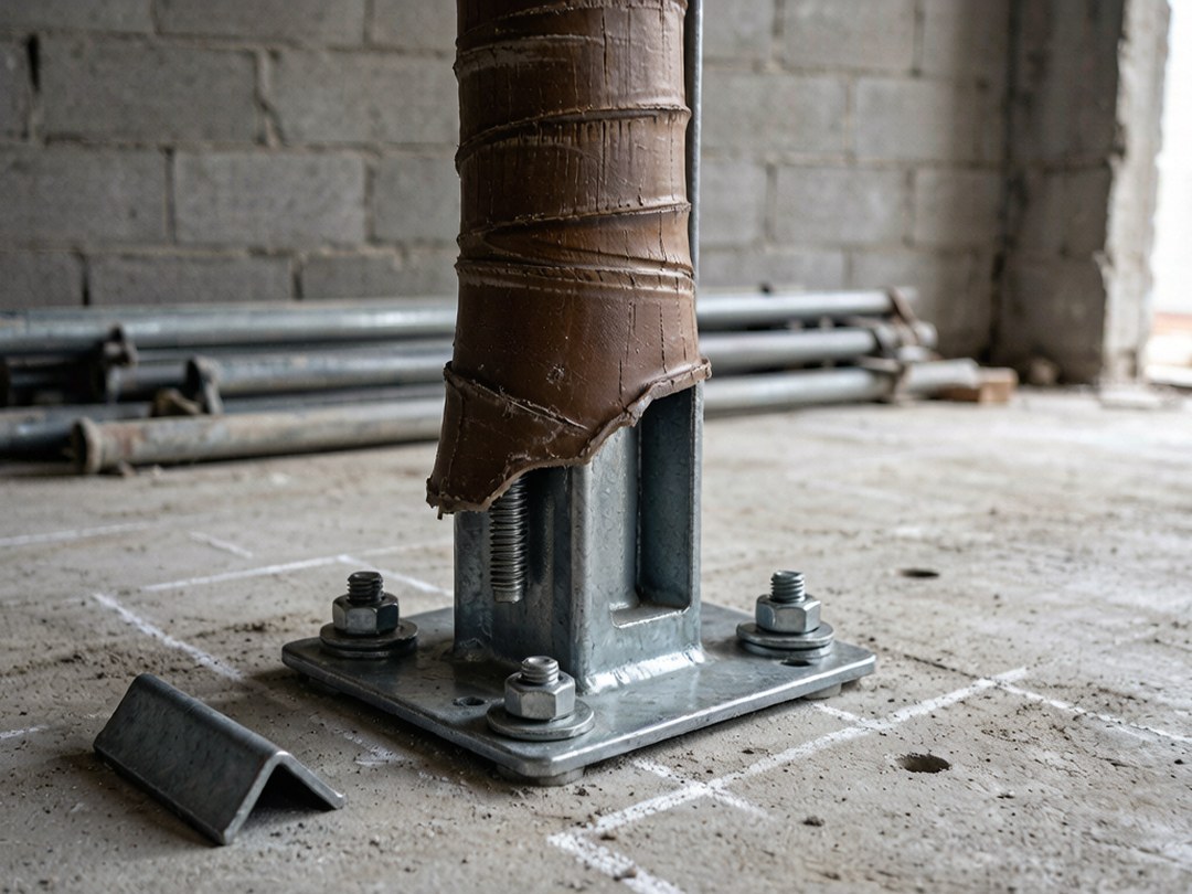 Galvanised base plate chemically anchored to a raw structural slab with four bolts, the trunk spine rising from it