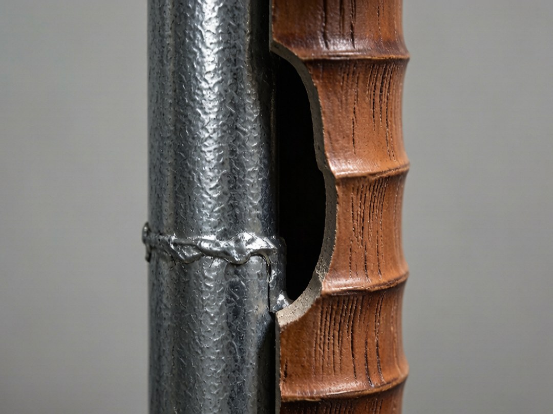 Cut-away of the galvanised steel trunk spine beside the moulded fibreglass palm bark shell