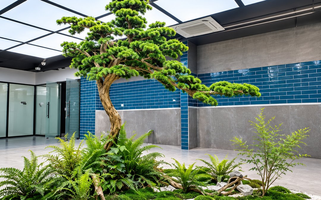 A completed interior installation: a sculpted pine tree with ferns, moss and stone setting in a glazed modern lobby