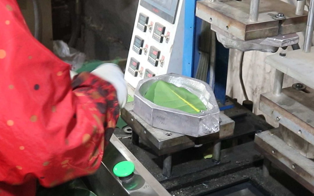 Operator loading a green PE leaf into the injection mould at the press