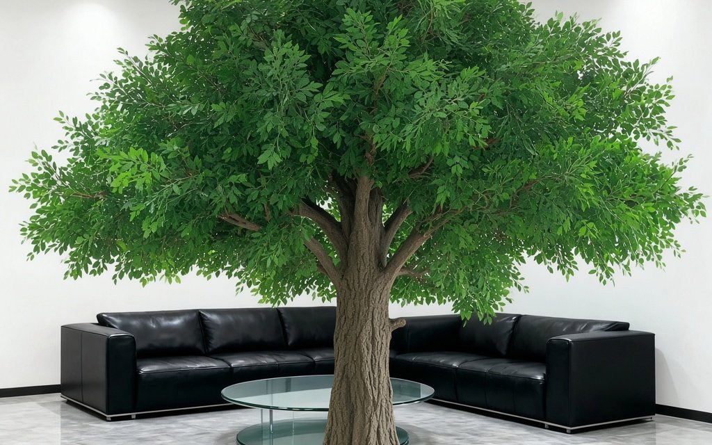Large artificial ficus canopy tree above black leather seating in a lobby