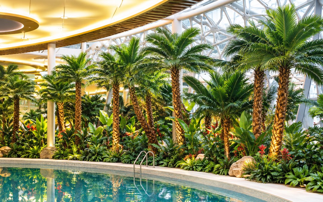 Rows of artificial palms around a glass-domed indoor pool