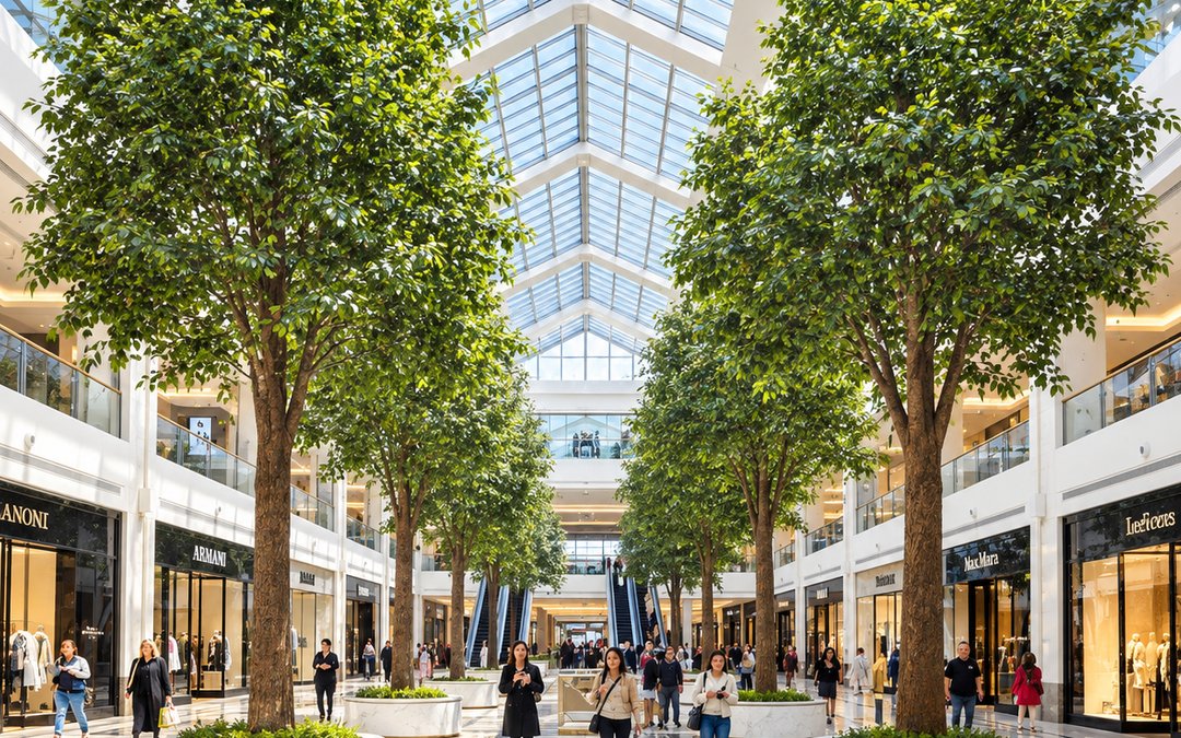 Rows of large artificial ficus trees in a bright mall atrium with luxury storefronts and escalators