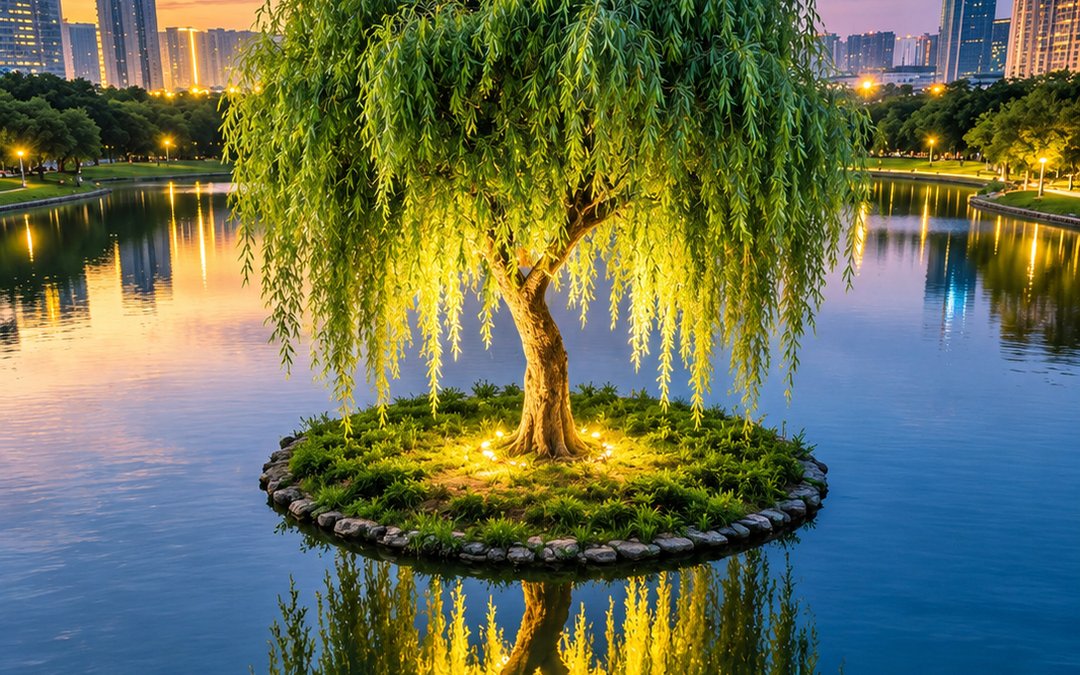 Illuminated artificial willow on a landscaped island in an open water feature at dusk, with a city skyline behind