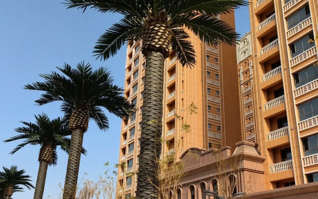 Palm trunks with pronounced diamond-pattern texture on a city-street planting