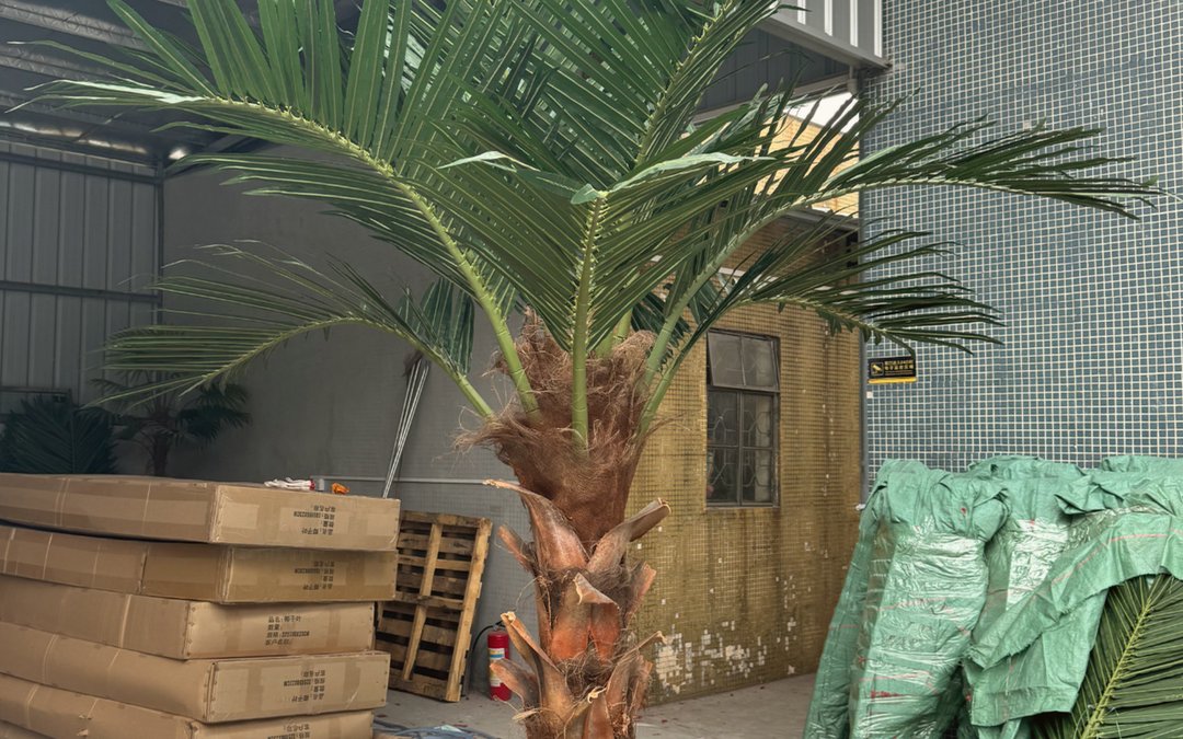 Palm trunk and crown beside stacked export cartons and a timber pallet in the factory yard