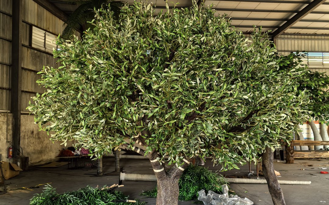 Silver-green foliage built out over a banded trunk inside the workshop, with cut foliage staged on the floor