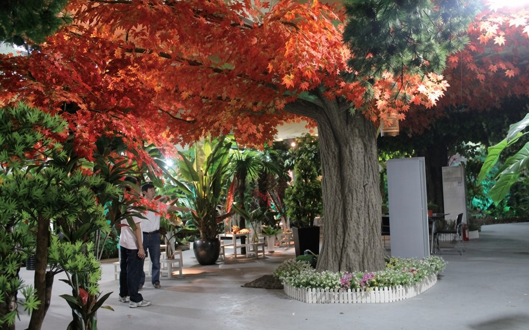 Artificial trees of several species displayed together indoors, with a large maple specimen at the centre