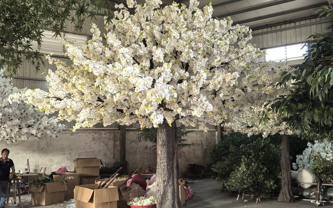 A blossom-range specimen among export cartons and loose branch stock in the assembly hall