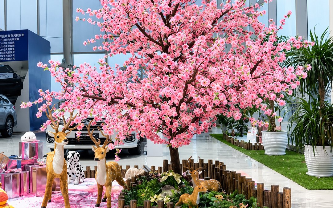 Pink blossom tree staged with deer figures and picket fencing in a car dealership