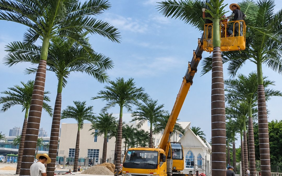 Crown assembly on site from an elevated platform during palm installation