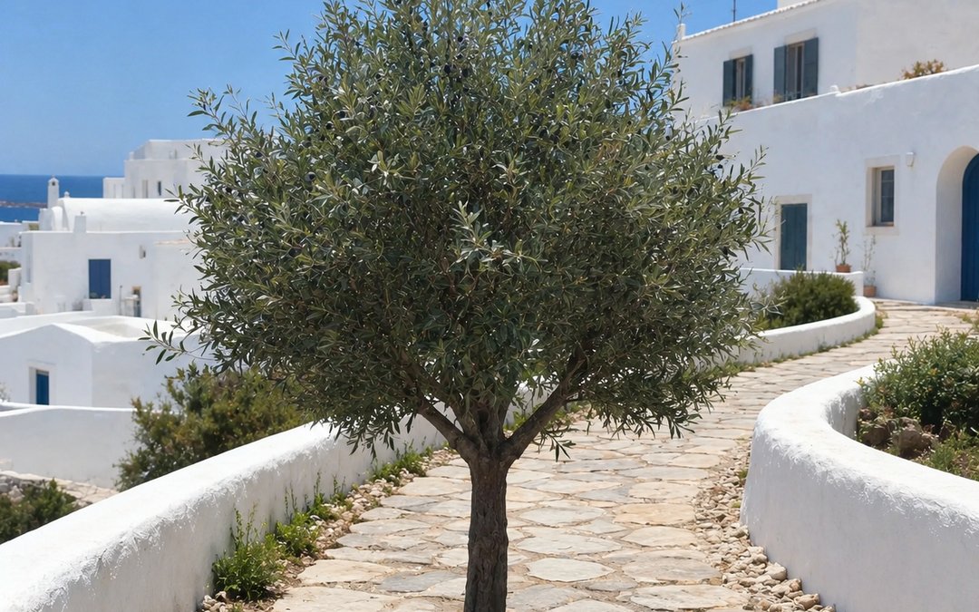 Lifelike commercial olive tree in leaf against whitewashed Mediterranean facades