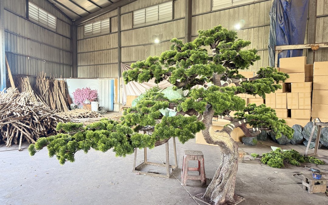 Pine build staged on a trestle for crown shaping, export cartons stacked in the bay behind