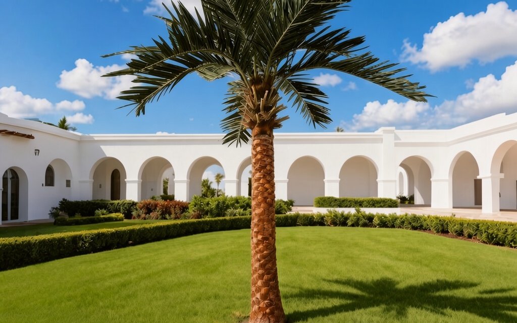 Single artificial palm on a manicured lawn in front of a white colonnaded courtyard building