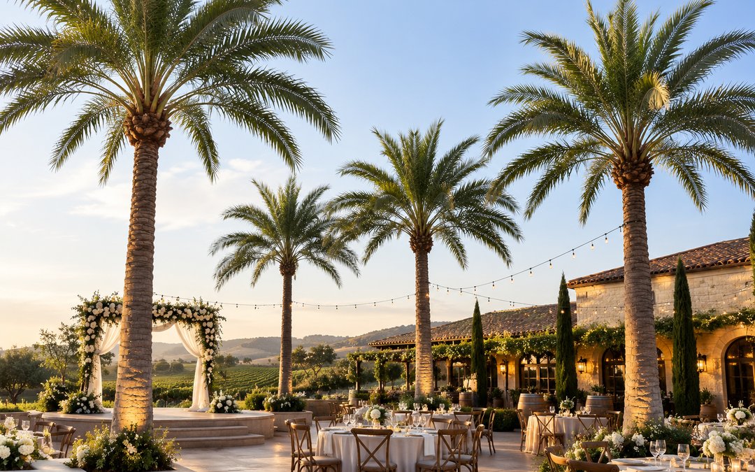 A row of palms along an open terrace at dusk, an exposed position with rain, dew and reflected light