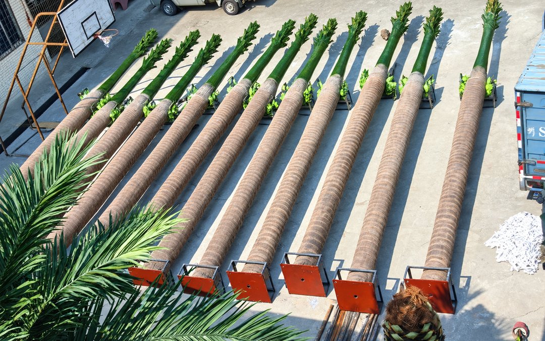 Palm trunk and crown assemblies laid out in the factory yard with base plates fitted