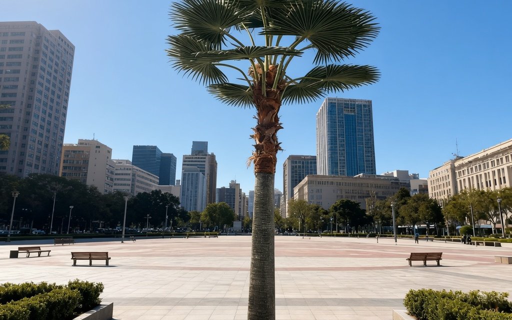 An artificial fan palm installed in a paved urban plaza with city buildings behind