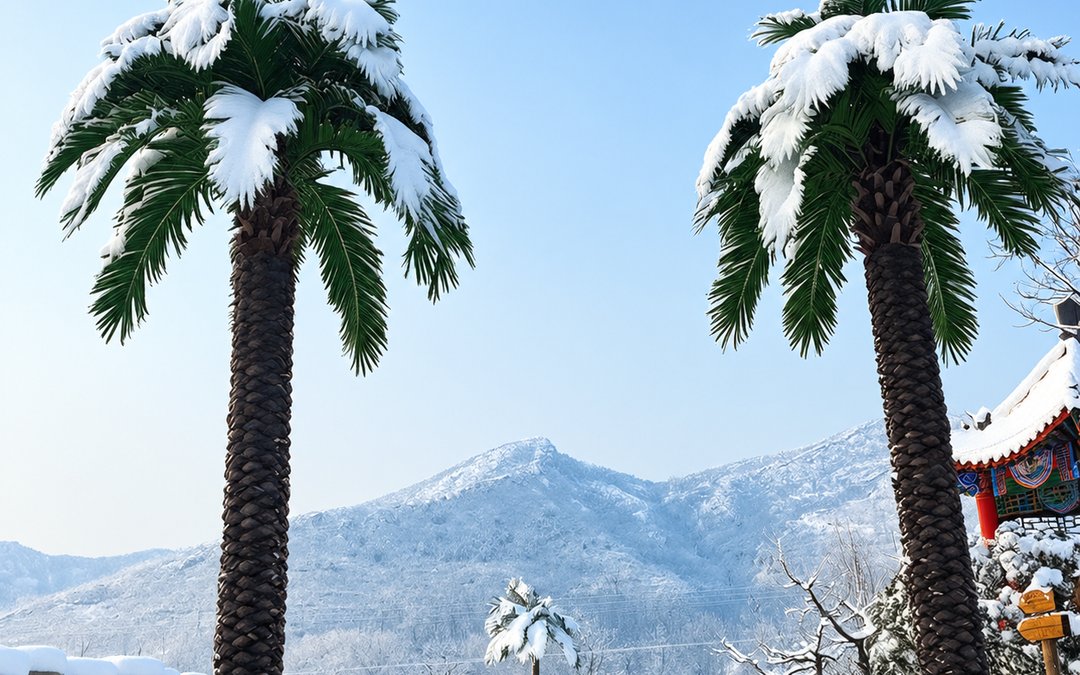Two installed artificial palms standing through winter exposure on an outdoor site