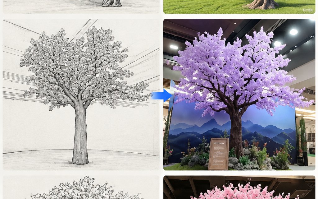 approved shop drawing of a blossom tree beside the finished build on an exhibition stand