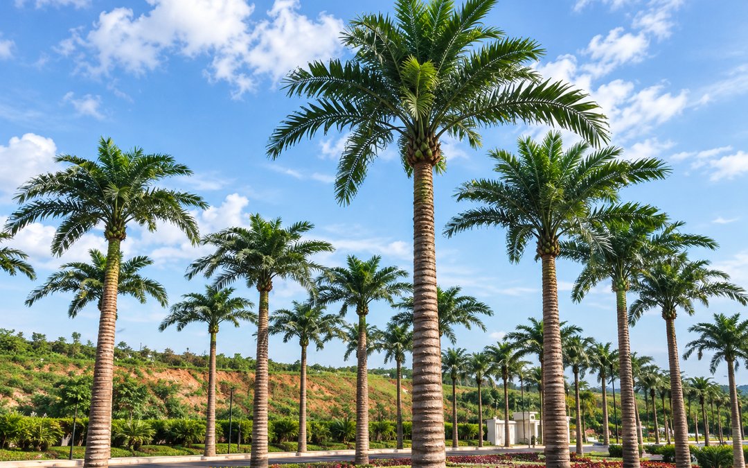 Row of tall palms installed along a public road median with flower beds