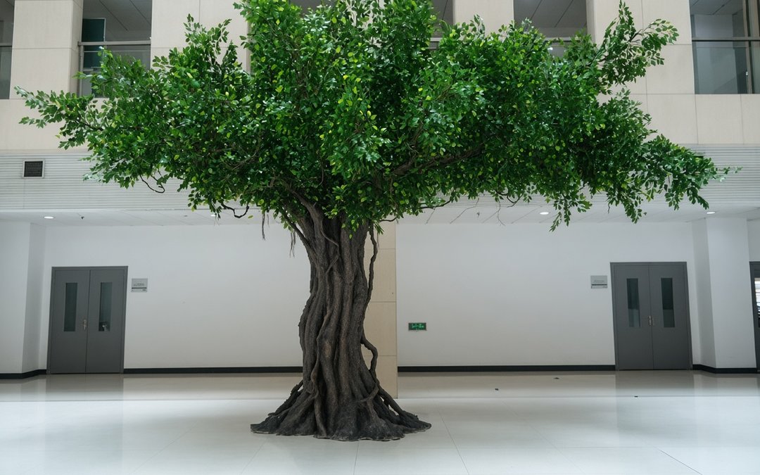 Sculpted trunk and surface-root flare on a large artificial banyan inside an indoor hall