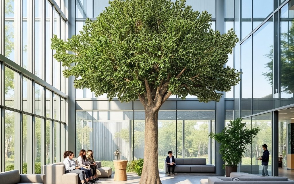 olive tree installed in indoor atrium