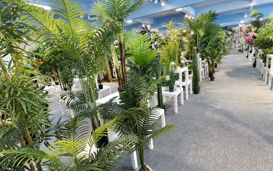 mixed trees standing on steel base plates in the factory showroom