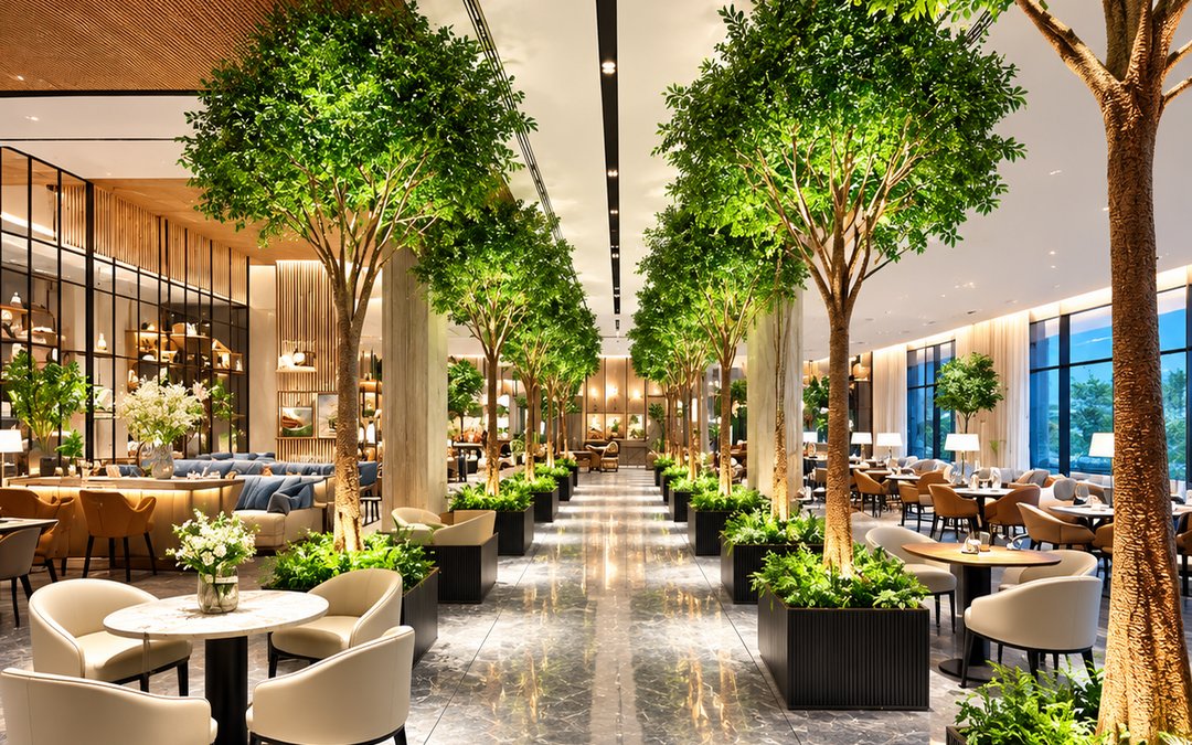 Rows of artificial trees lining a restaurant interior