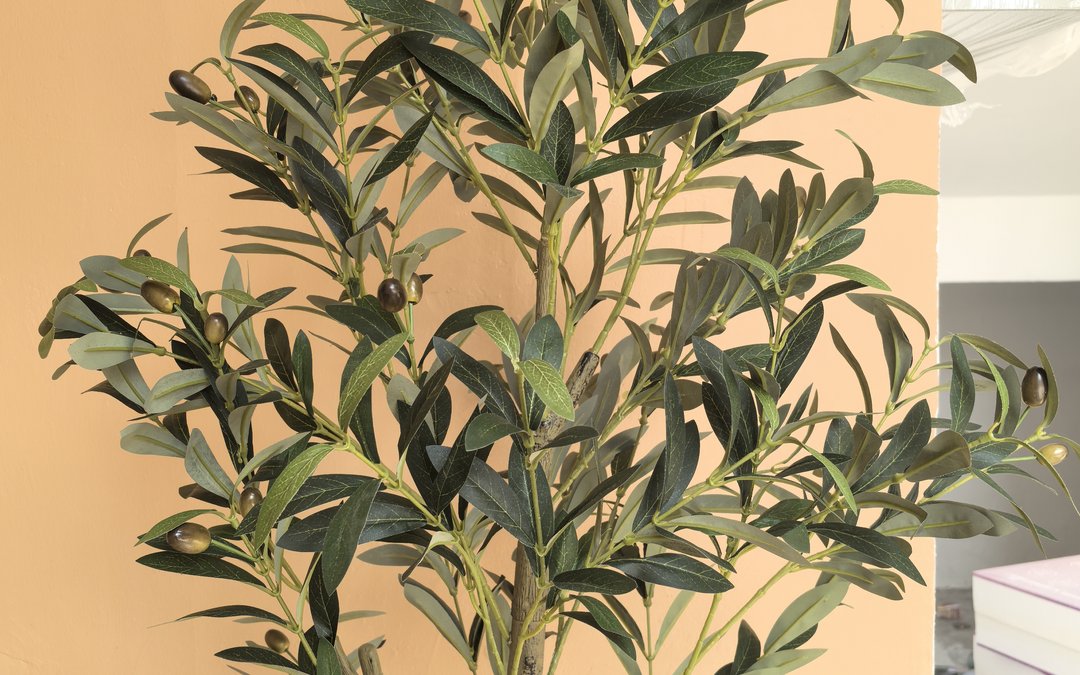 Artificial olive tree foliage and fruiting branch detail