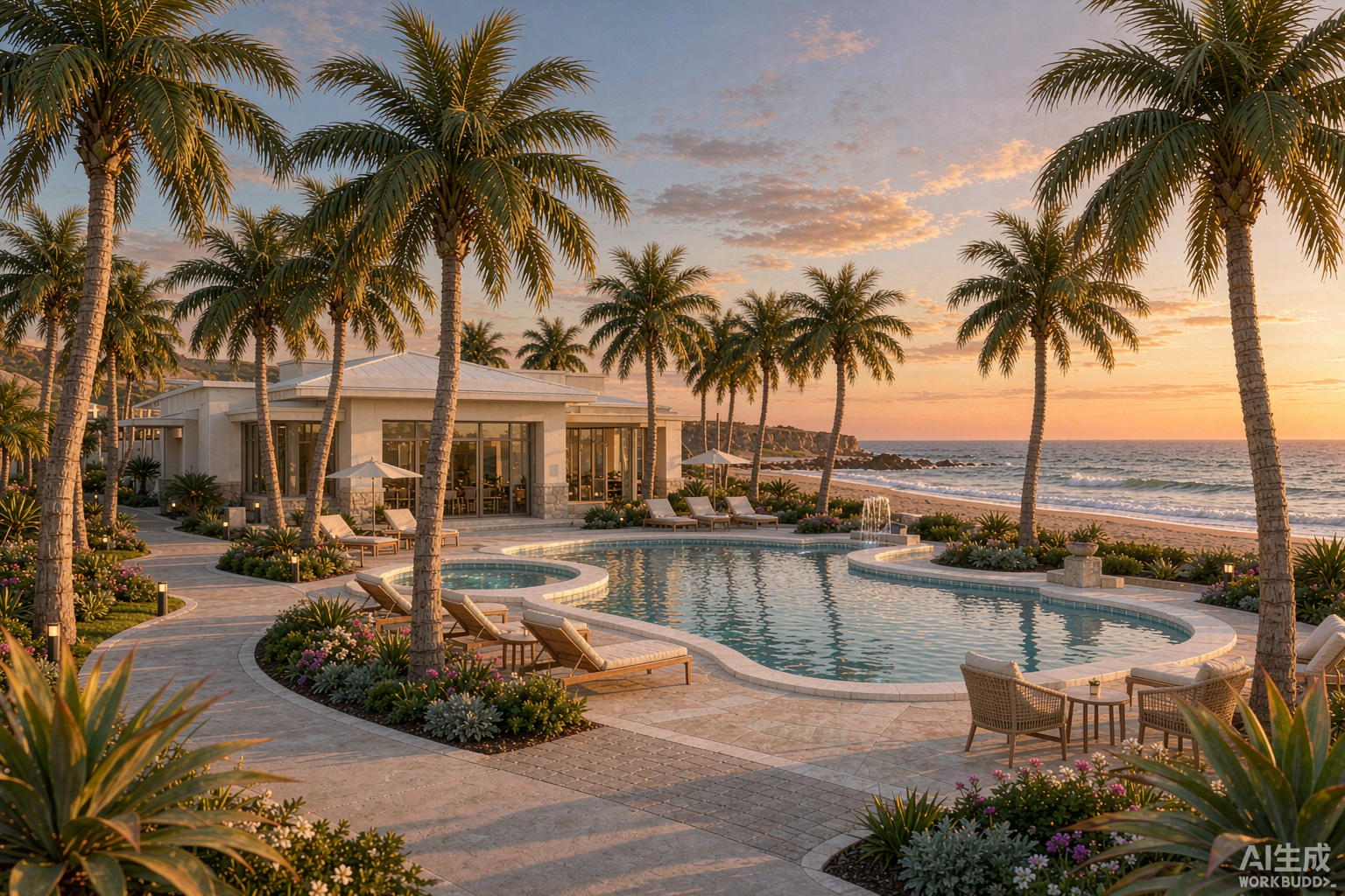 Outdoor UV-resistant artificial palm tree landscape at California beach resort and spa