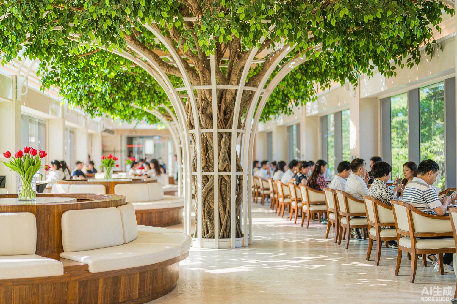 Biophilic artificial ficus canopy in Singapore airport departure lounge