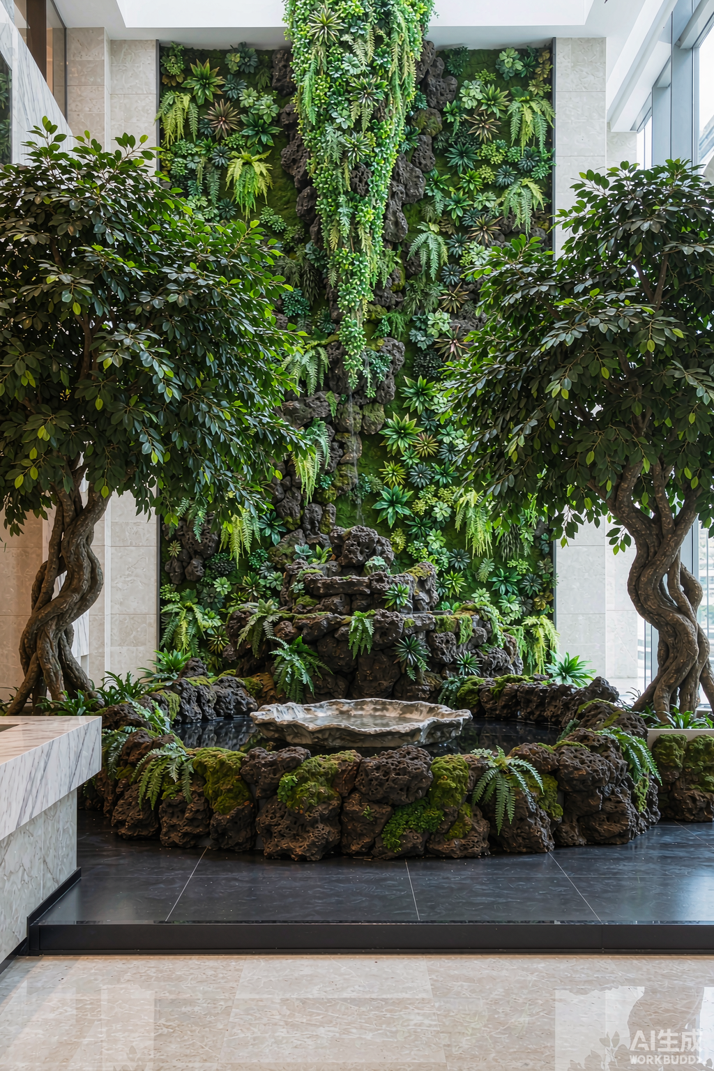 Commercial artificial landscaping with green walls and rockery integration in office lobby