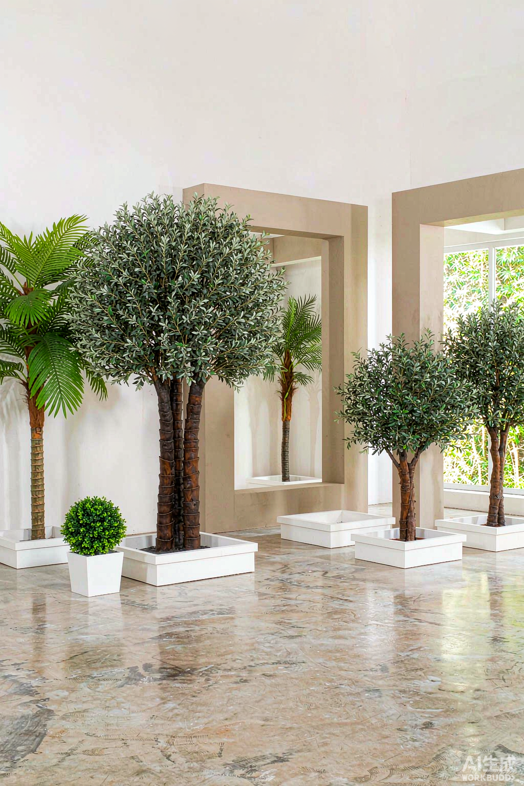 Large commercial artificial olive trees and palm trees displayed in manufacturer showroom